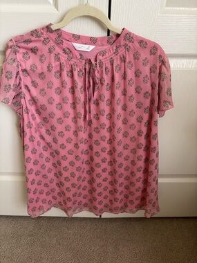 LC Lauren Conrad Pink Short-Sleeve Floral Tie-Neck Blouse